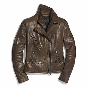 Coach slim leather moto jacket, dusty olive green